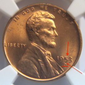 1953 D NGC LINCOLN WHEAT MS 64 RD 5'ERROR D'UP