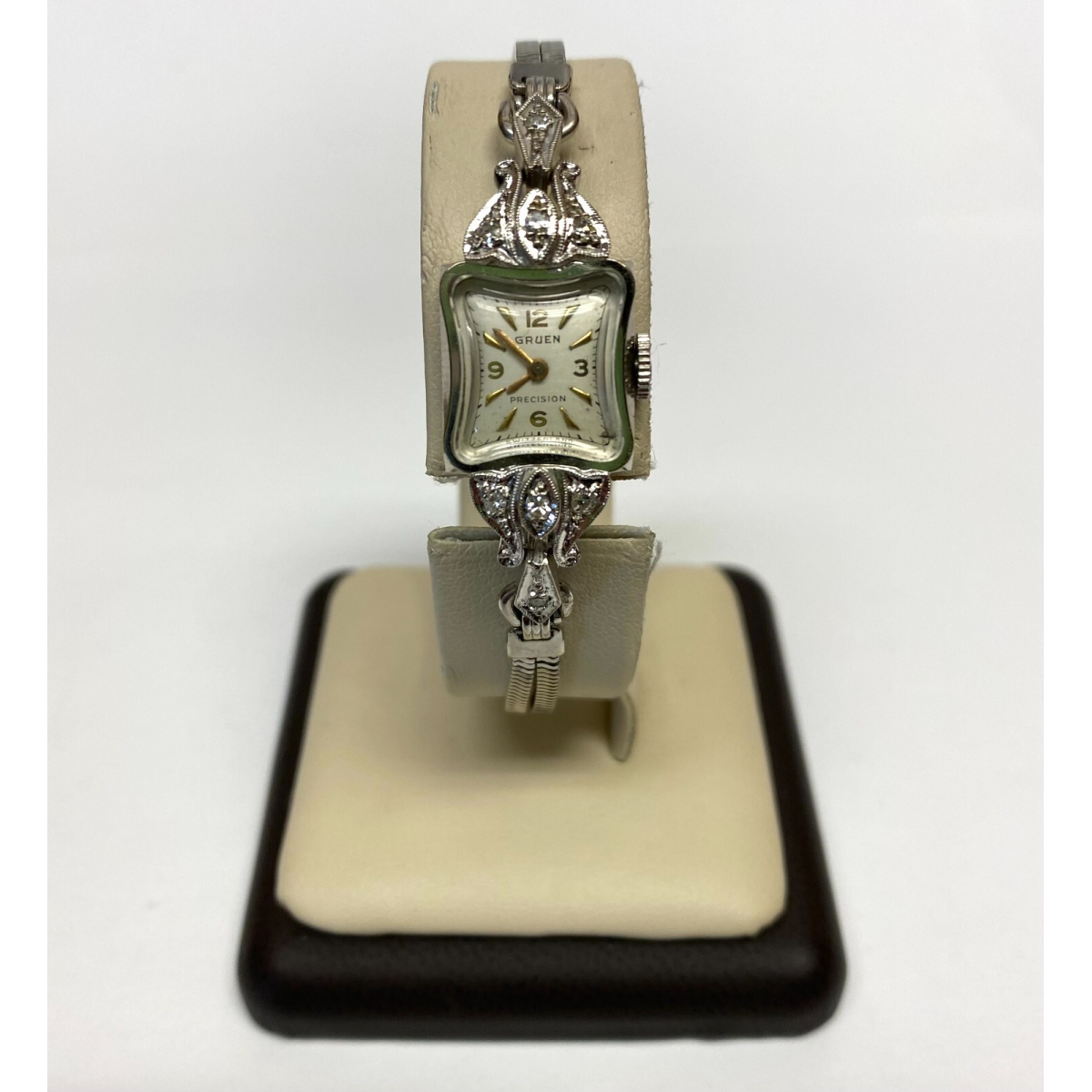 Vintage Ladies Gruen Precision 14K White Gold w Diamonds 17 Jewels
