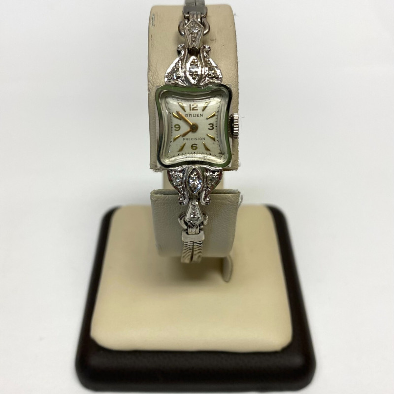 Vintage Ladies Gruen Precision 14K White Gold w Diamonds 17 Jewels
