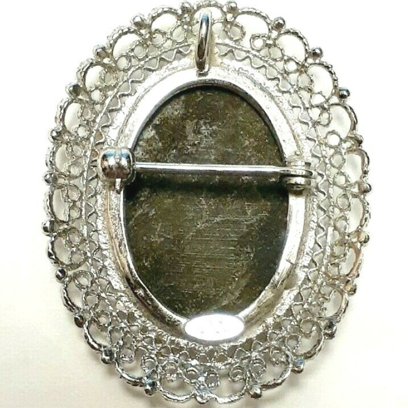 Vtg. Sterling Silver Oval Black Mother of Pearl Cameo Pin Brooch/ Pendant K.L.