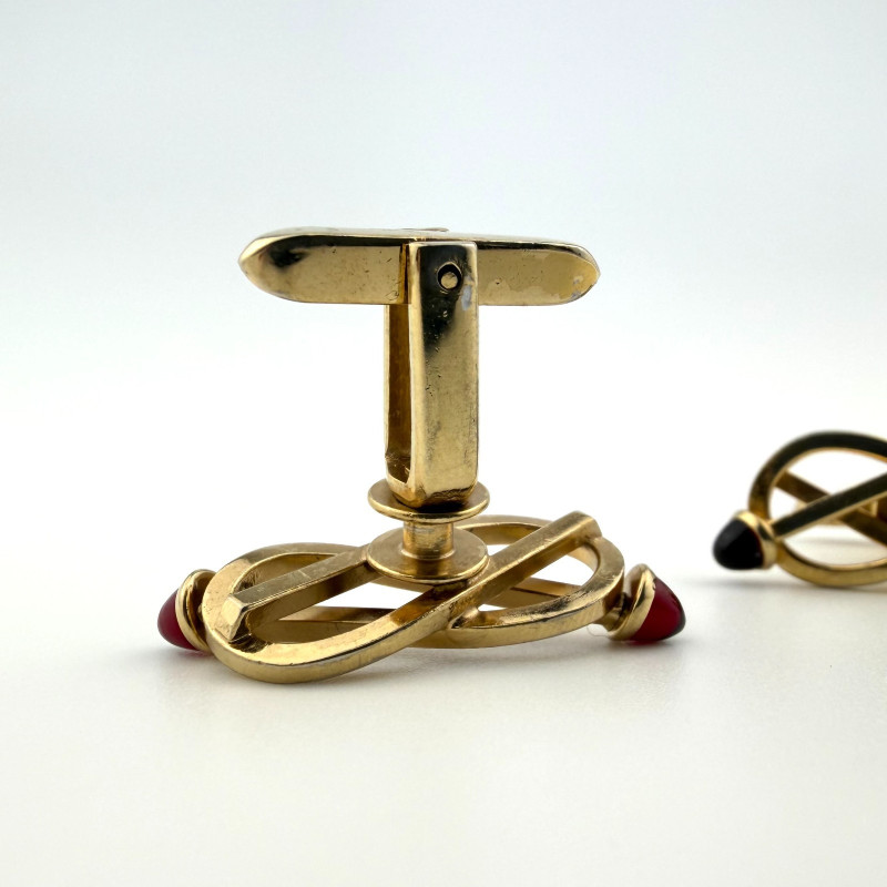 Vintage Golden Hickok Cufflinks USA Deco Style With Ruby Color Stones