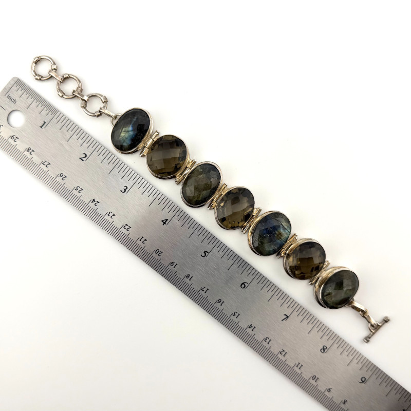 Sterling Silver 925 Large Smokey Quartz and Labradorite Gemstone Bracelet