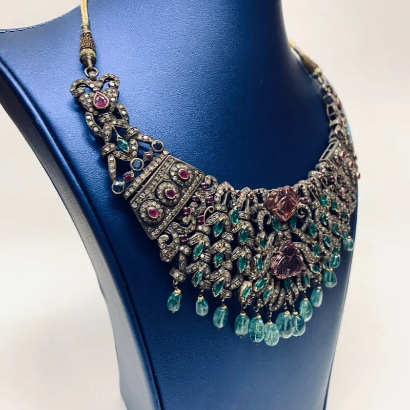 Antique Handmade Necklace and Earrings Diamond Tourmaline Ruby Emerald Sapphire