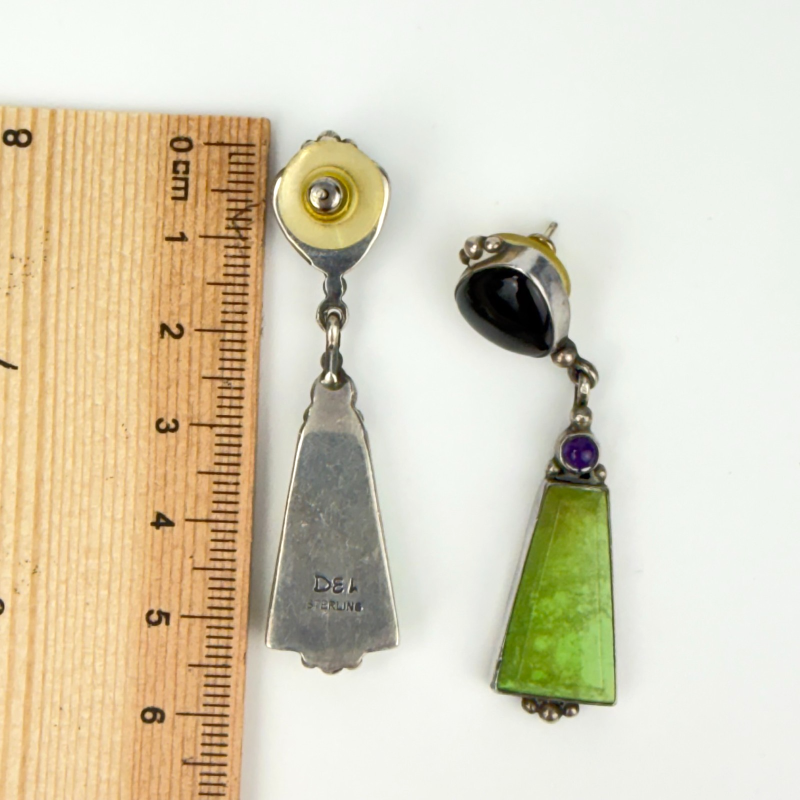 Vintage Sterling Silver DEL Earrings Green Turquoise Onyx Amethyst Dangle