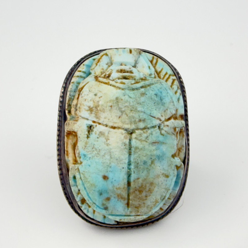 Rare Antique Large Silver Egyptian Blue Faience Scarab Hieroglyph Ring, Sz 7.25