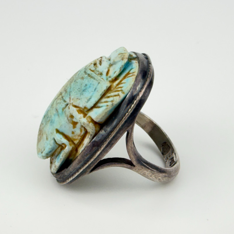 Rare Antique Large Silver Egyptian Blue Faience Scarab Hieroglyph Ring, Sz 7.25