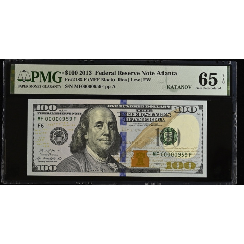 PMG FANCY LOW SERIAL NUMBER 100$ BILL 2013 MF00000959F MF00000960F