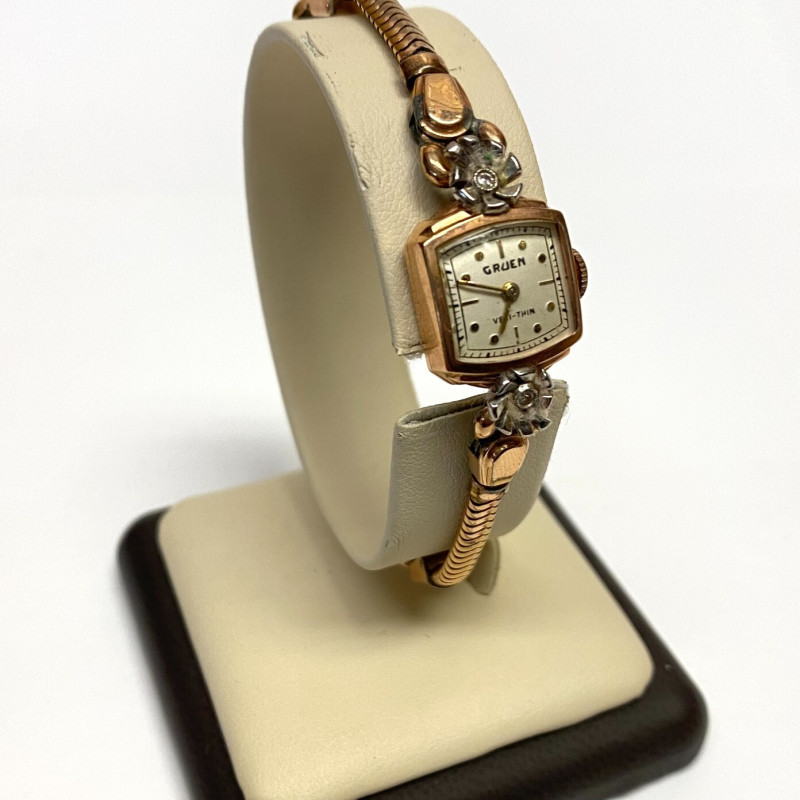 Vintage Ladies GRUEN VERI-THIN Watch 14K Gold 2 Diamonds Swiss Made 17 Jewel