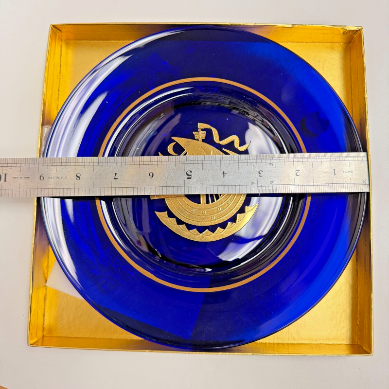 Kosta 1973 Annual Plate by U. Lindstrand Blue Glass Gold Viking Ship in Box