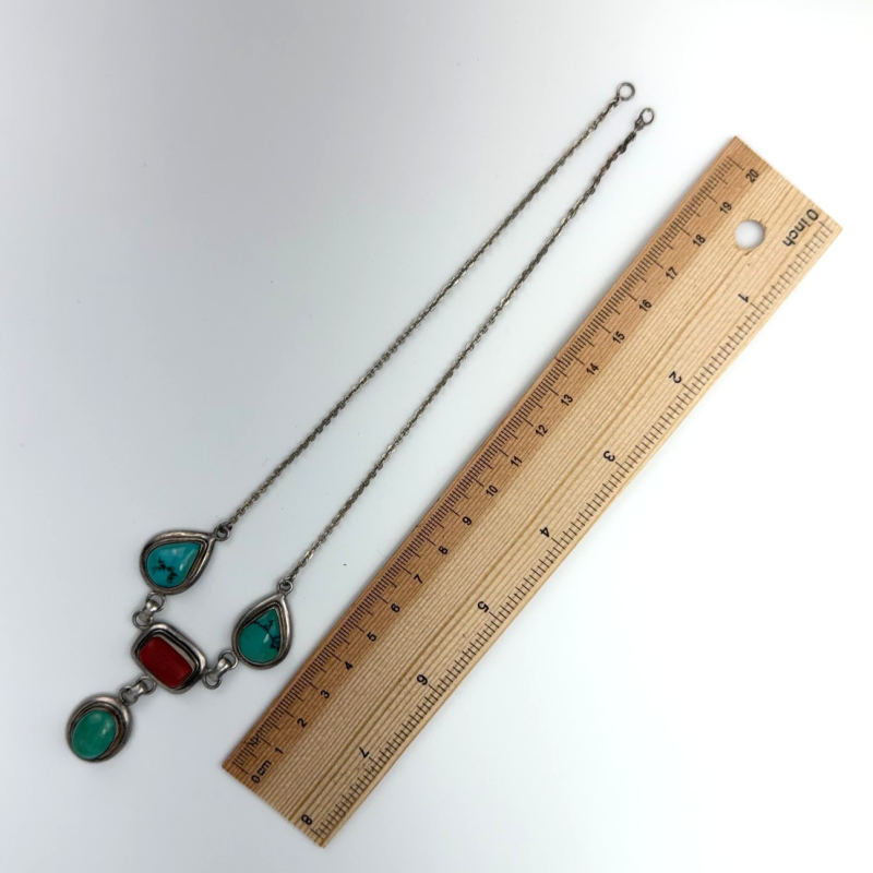 Navajo Necklace 925 Silver Morenci Turquoise & Coral Native Artist C.80's