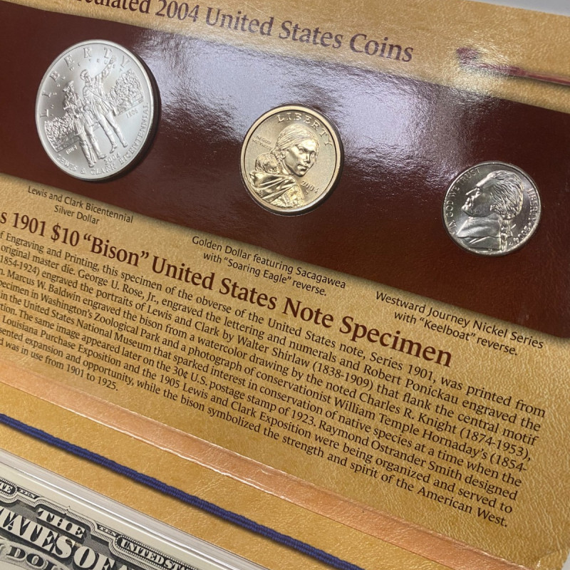 2004 Lewis & Clark Coinage & Currency Coin/Medal Set w/ $10 Bison Note & Stamps 2004 Lewis & Clark Coinage & Currency Coin/Medal Set w/ $10 Bison Note & Stamps