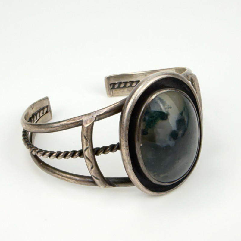 Native American Style Sterling Silver Oval Black&White Agate Stone Cuff Bracelet