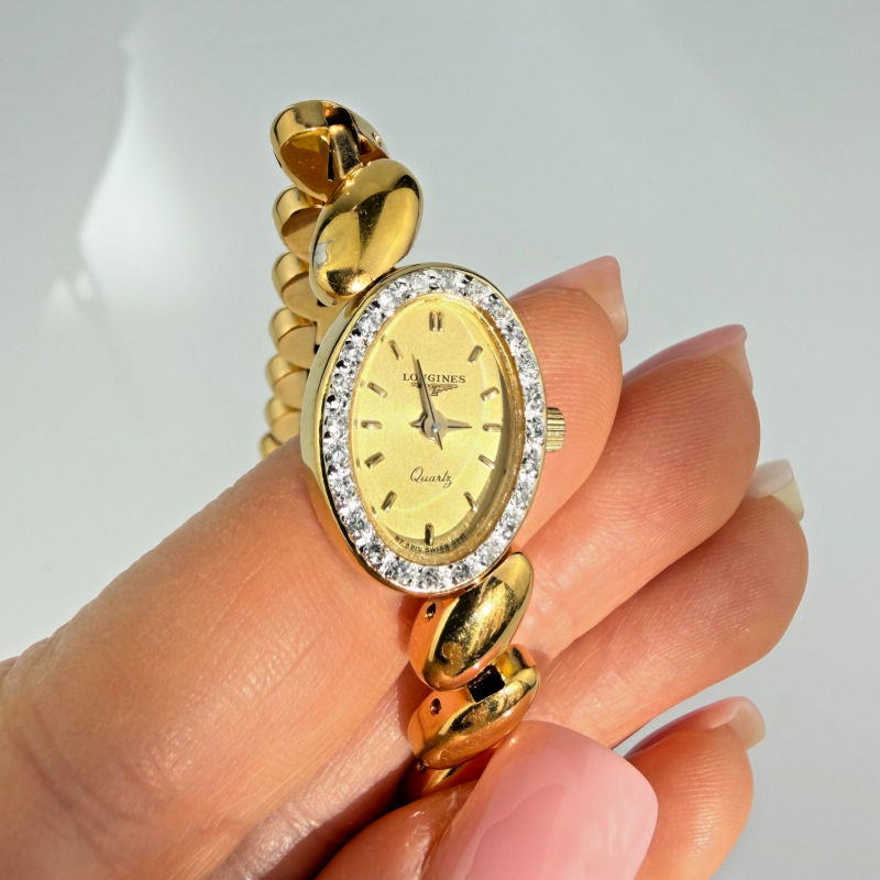 Longines Quartz Women's Watch Gold Tone Oval Diamond Bezel Bracelet BT 9815
