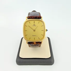 Vintage Omega 14K Gold 28mm Square Quartz Watch Brown Leather Strap