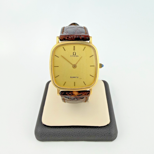 Vintage Omega 14K Gold 28mm Square Quartz Watch Brown Leather Strap Vintage Omega 14K Gold 28mm Square Quartz Watch Brown Leather Strap