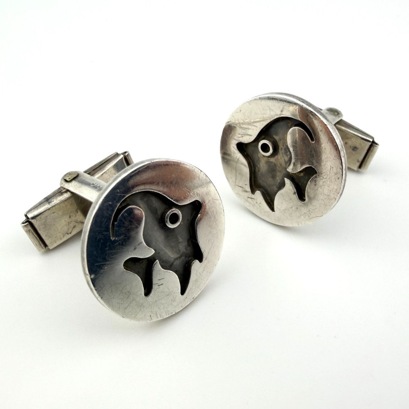 Vintage Hawaii Modernist Sterling Silver 925 Fish Round Cufflinks