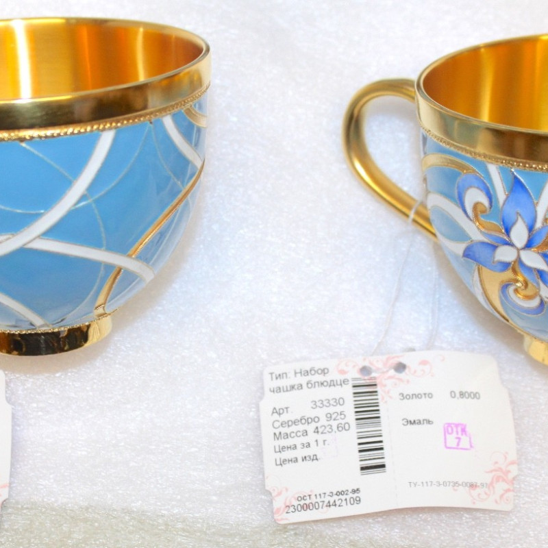 Russian silver 925 & 24k Gold Plated Teapot & 2 Teacups Enamel Filigree