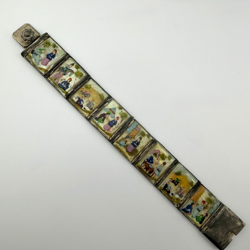 Vintage Antique Persian Miniature Painting Mother of Pearl Silver Bracelet