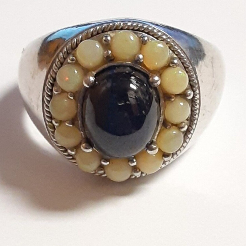 Blue Star Sapphire & Opal gems stones Silver 925 Ring, Size 12 