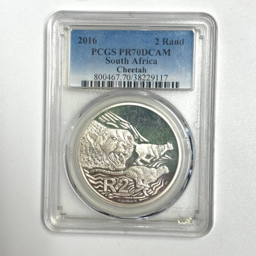 SOUTH AFRICA. 2016, 2 Rand, Silver- PCGS PR70 - Cheetah, RARE SOUTH AFRICA. 2016, 2 Rand, Silver- PCGS PR70 - Cheetah, RARE