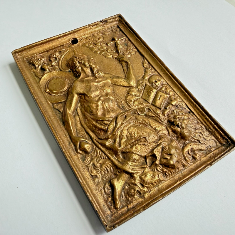 Antique Rare 17th C Spanish Gilt Bronze Saint Jerome Plaquette