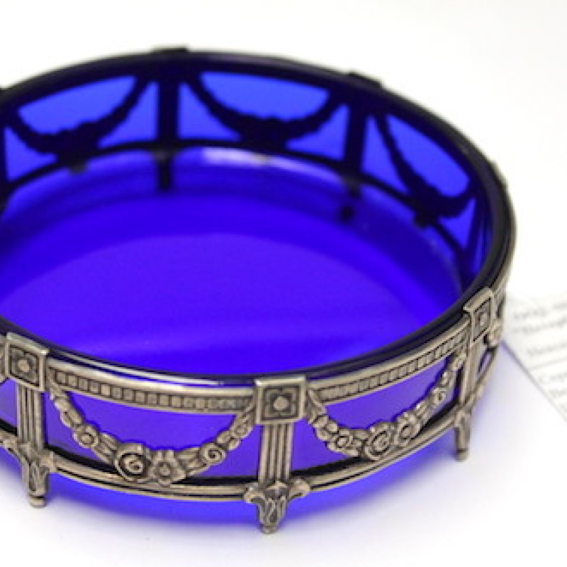 Vintage Cobalt Blue Glass Russian Silver 875 Ash Tray With Tag Vintage Cobalt Blue Glass Russian Silver 875 Ash Tray With Tag