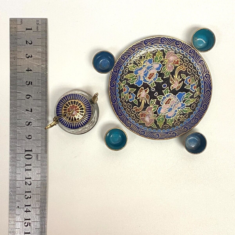 Cloisonne Enamel Chinese Miniature Tea Set Teapot Cups Tray Doll Child Blue