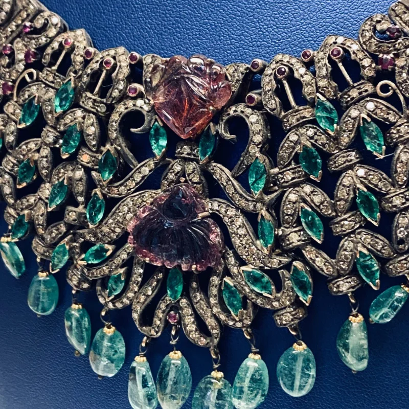 Antique Handmade Necklace and Earrings Diamond Tourmaline Ruby Emerald Sapphire