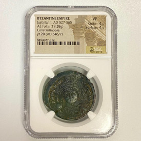 527- 565 AD BYZANTINE EMPIRE AE FOLLIS JUSTINIAN I COIN NGC VF
