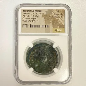 527- 565 AD BYZANTINE EMPIRE AE FOLLIS JUSTINIAN I COIN NGC VF