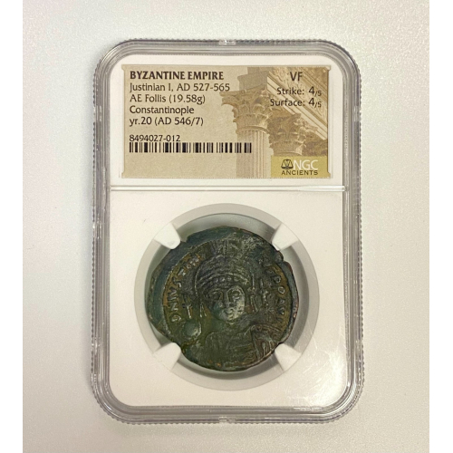 527- 565 AD BYZANTINE EMPIRE AE FOLLIS JUSTINIAN I COIN NGC VF 527- 565 AD BYZANTINE EMPIRE AE FOLLIS JUSTINIAN I COIN NGC VF