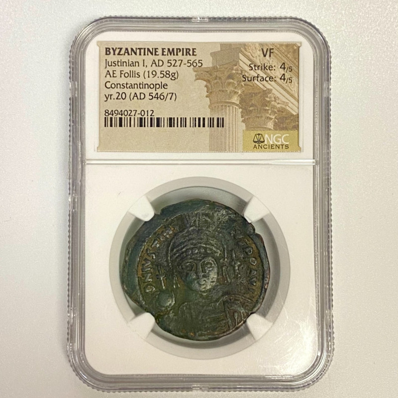 527- 565 AD BYZANTINE EMPIRE AE FOLLIS JUSTINIAN I COIN NGC VF 527- 565 AD BYZANTINE EMPIRE AE FOLLIS JUSTINIAN I COIN NGC VF