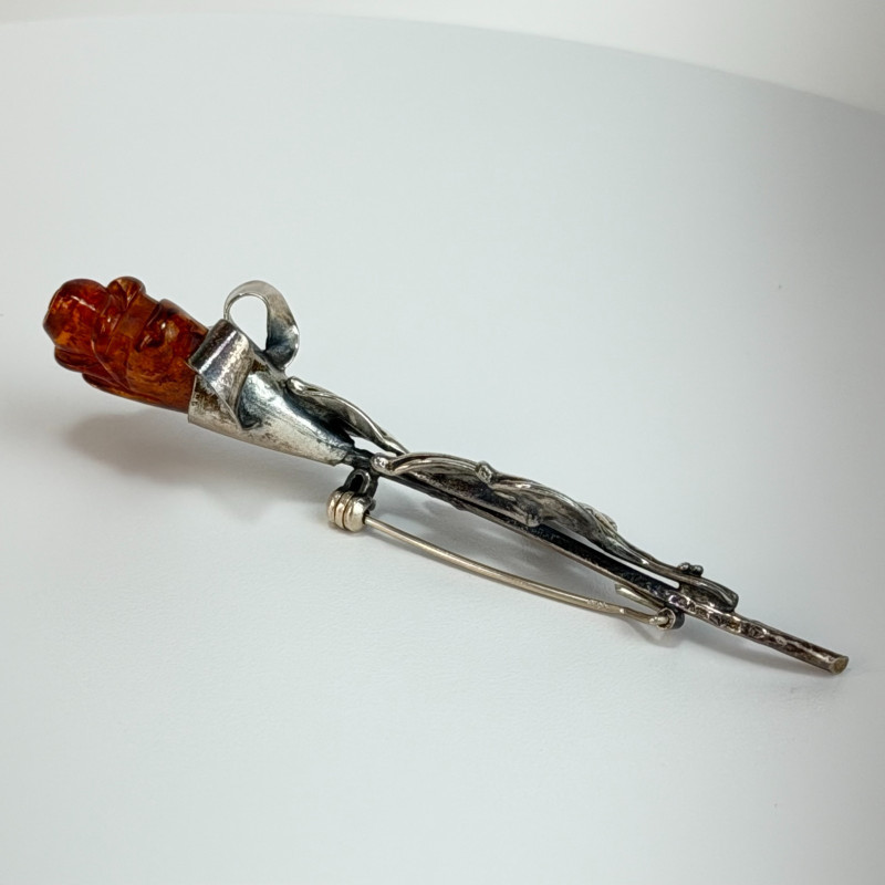 Antique Art Nouveau England .925 Sterling Silver Carved Amber Rose Brooch
