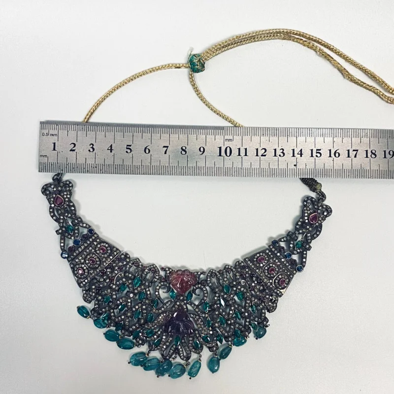 Antique Handmade Necklace and Earrings Diamond Tourmaline Ruby Emerald Sapphire