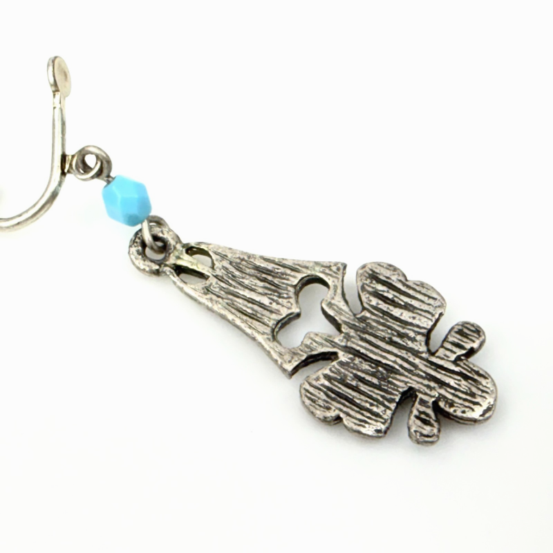 Vintage French art Nouveau Style Turquoise Enamel and Silver Plated Clip Earring