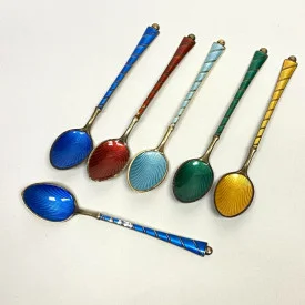 6 Demitasse Spoon Set Enamel Gilt Sterling Silver Ela Denmark