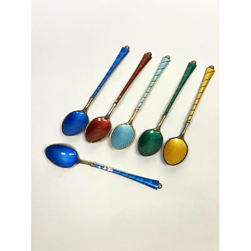 6 Demitasse Spoon Set Enamel Gilt Sterling Silver Ela Denmark