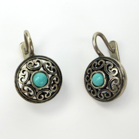 Vintage Openwork Silver Round Earrings with Turquoise