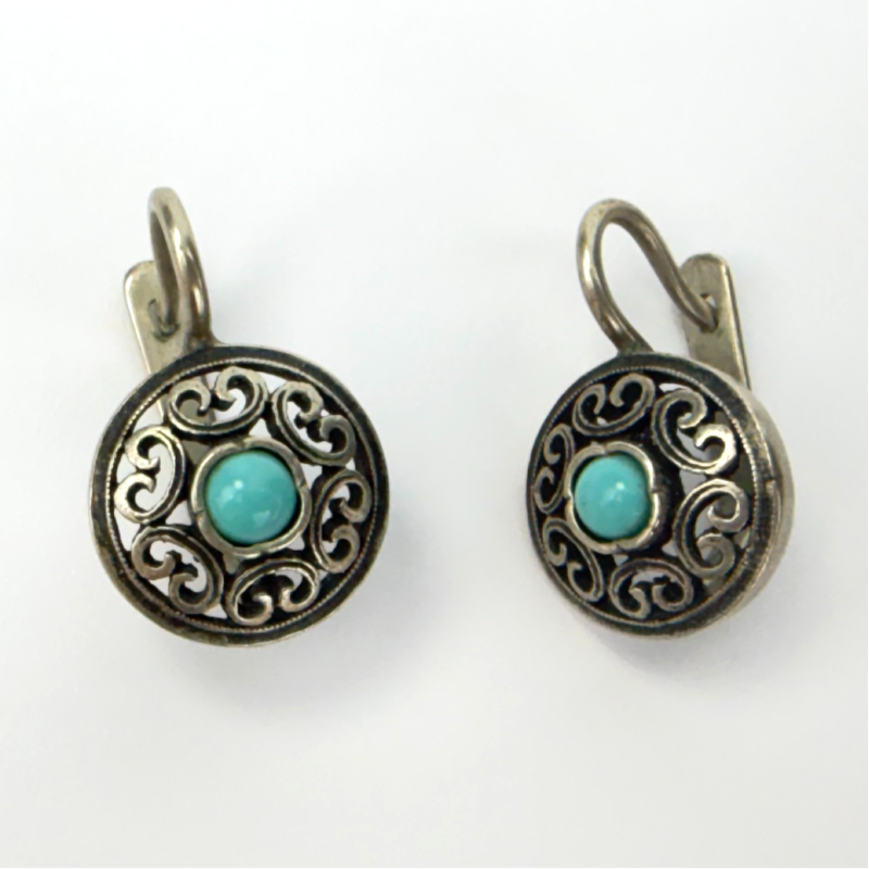 Vintage Openwork Silver Round Earrings with Turquoise