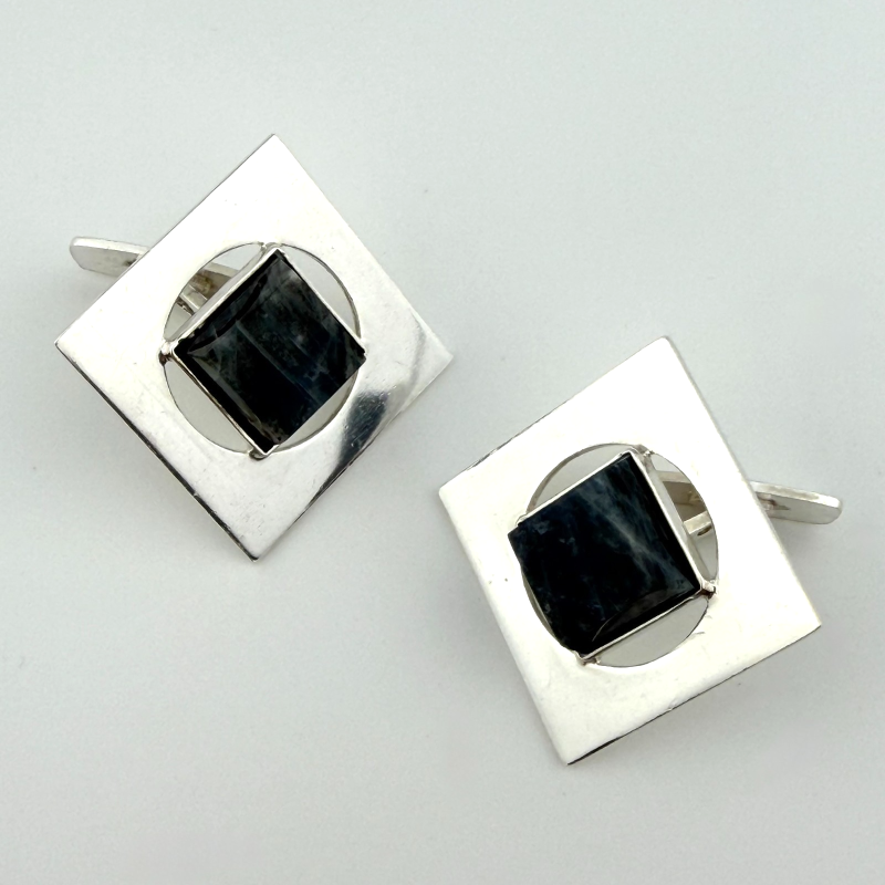 Square Vintage Sterling Silver Blue Labradorite Cufflinks 1950s - David Andersen