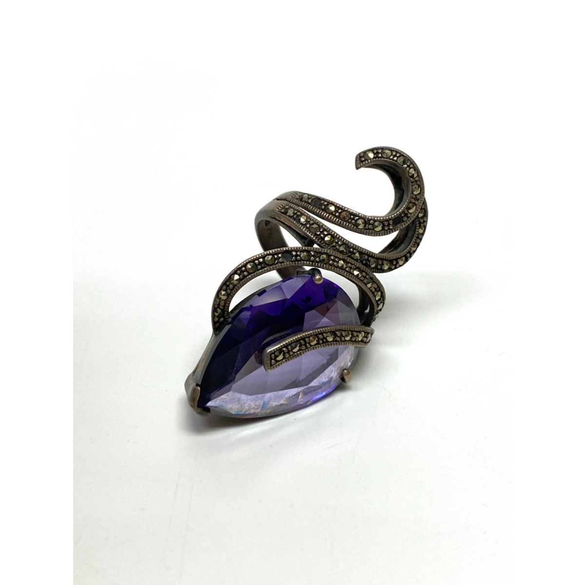 Vintage Large  Amethyst and Marcasites Sterling Silver Ring Size 7