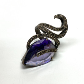Vintage Large  Amethyst and Marcasites Sterling Silver Ring Size 7