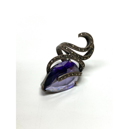 Vintage Large  Amethyst and Marcasites Sterling Silver Ring Size 7