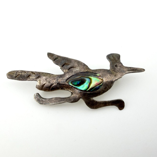 Vintage Taxco Mexico Sterling Silver Roadrunner Brooch with Abalone Inlay Vintage Taxco Mexico Sterling Silver Roadrunner Brooch with Abalone Inlay