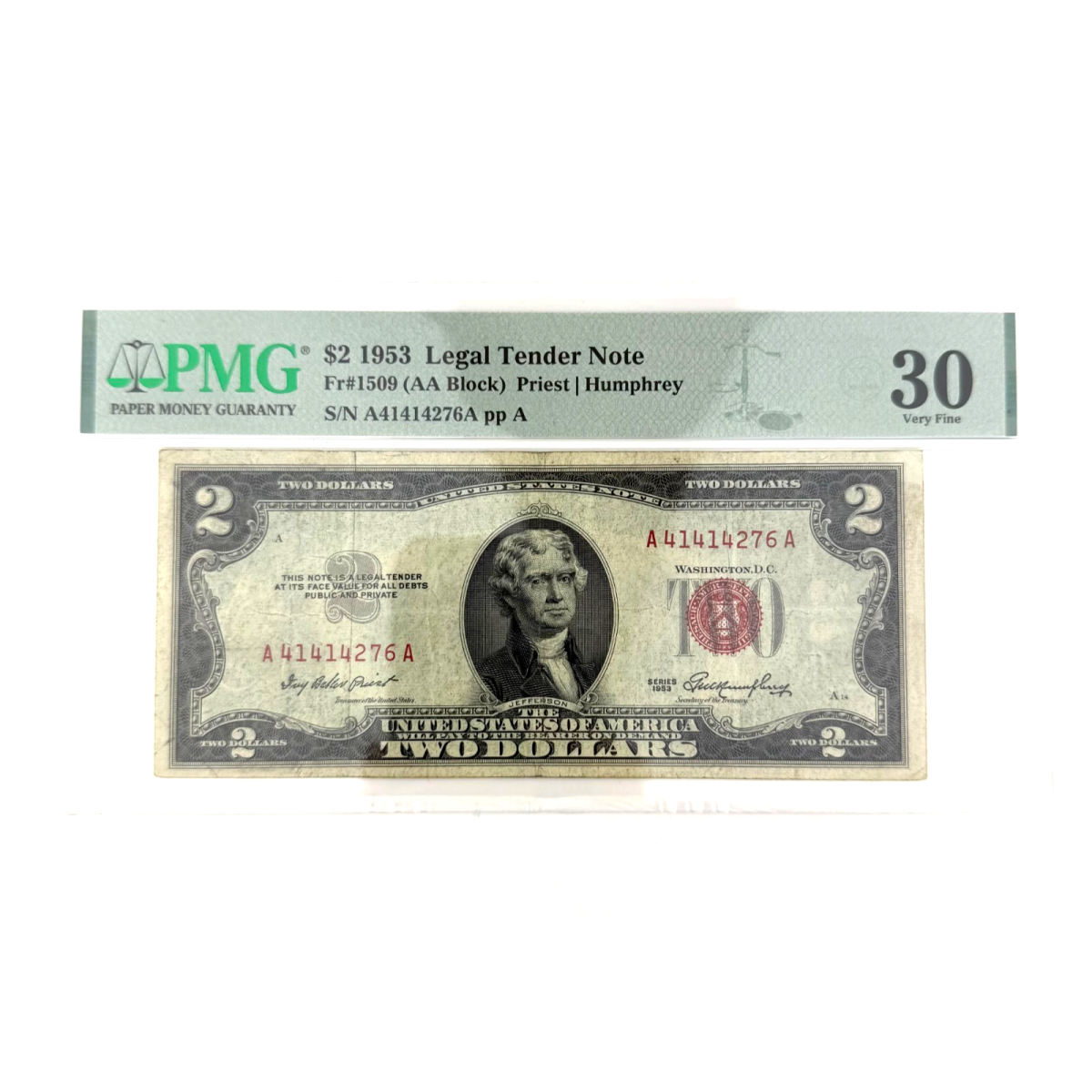 1953 $2 Legal Tender Note Fr. 1509 AA Block PMG 30 VF Priest/Humphrey A41414276A