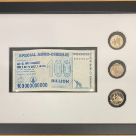 Framed Zimbabwe 100 Billion dollar Agro Cheque banknote and American Coins
