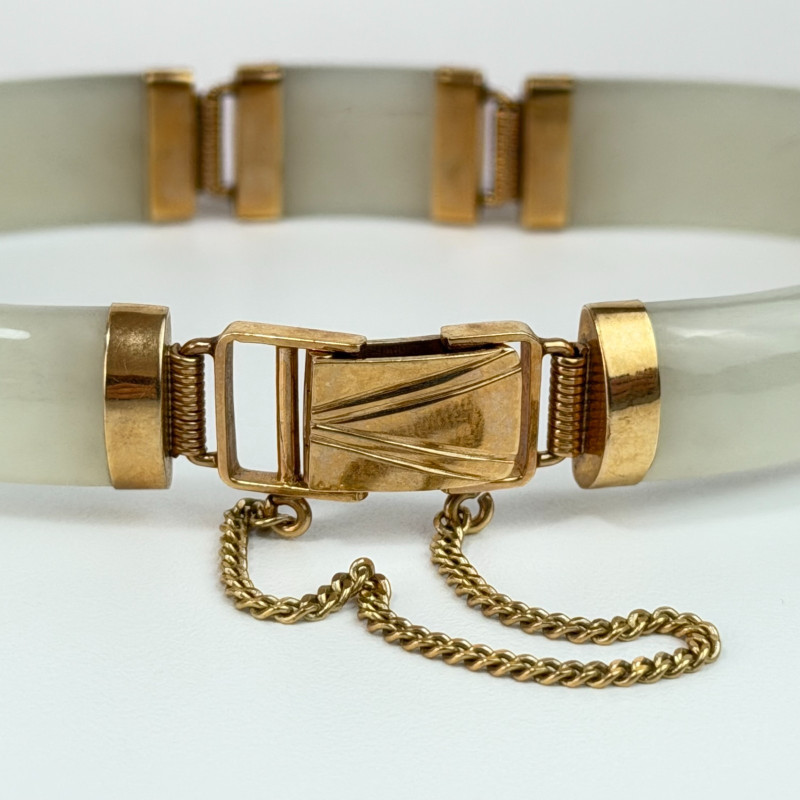14k Yellow Gold “Joy” Clasp 7 Segments Celadon Green Jade Bracelet