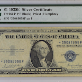 FR #1614* $1 1935 E SILVER CERTIFICATE PMG 25 VF (*F BLOCK) PRIEST /HUMPHREY