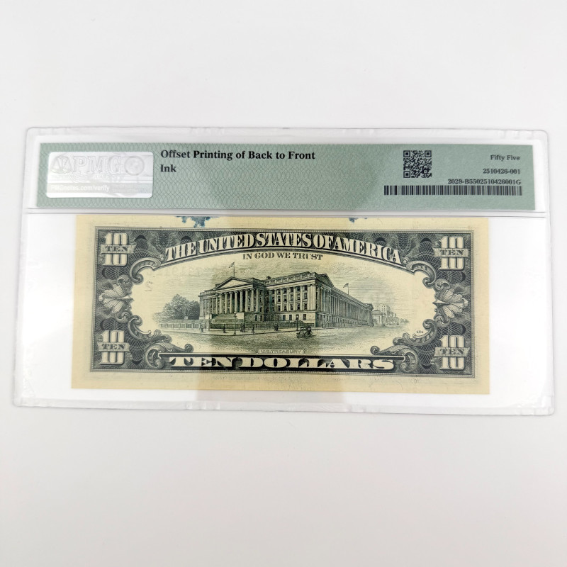 1990 $10 FRN New York Offset Printing Error Back to Front PMG 55 B2773 1911C