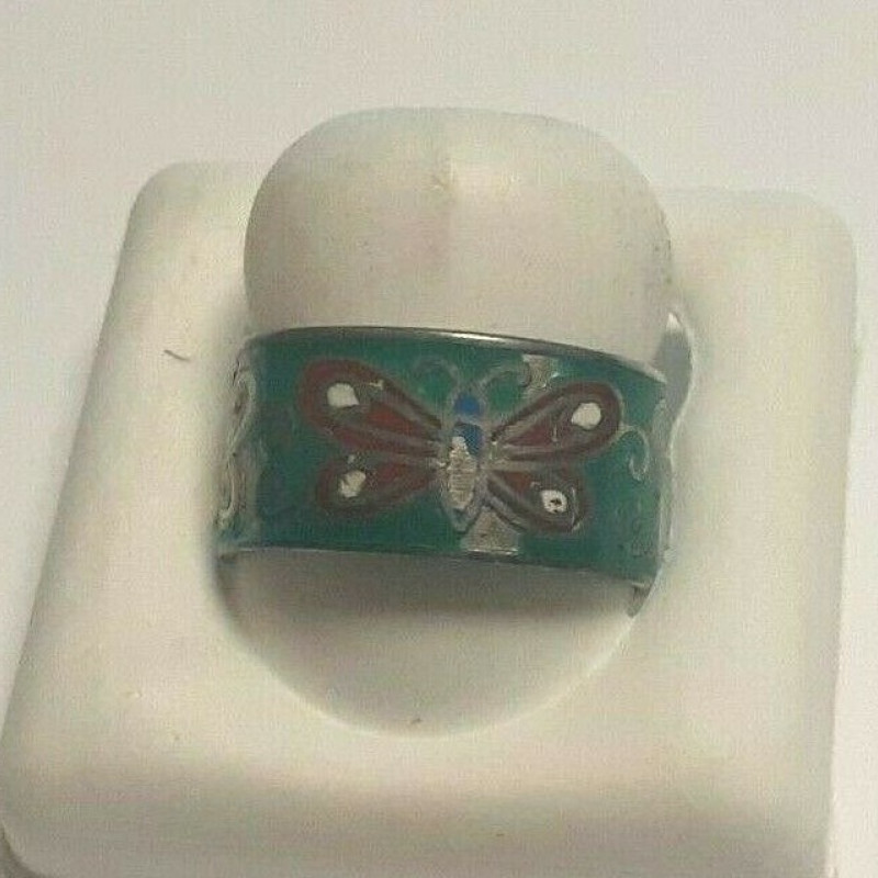 Antique Thailand Sterling Silver Green Multicolored Designed w/ Butterflies Ring Antique Thailand Sterling Silver Green Multicolored Designed w/ Butterflies Ring